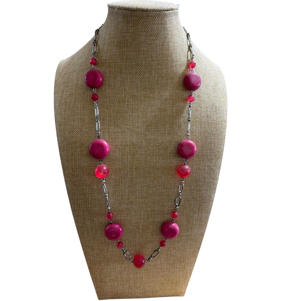 Pink Beaded Station Necklace Long Silver Tone Link Chain Fuchsia Long Layering